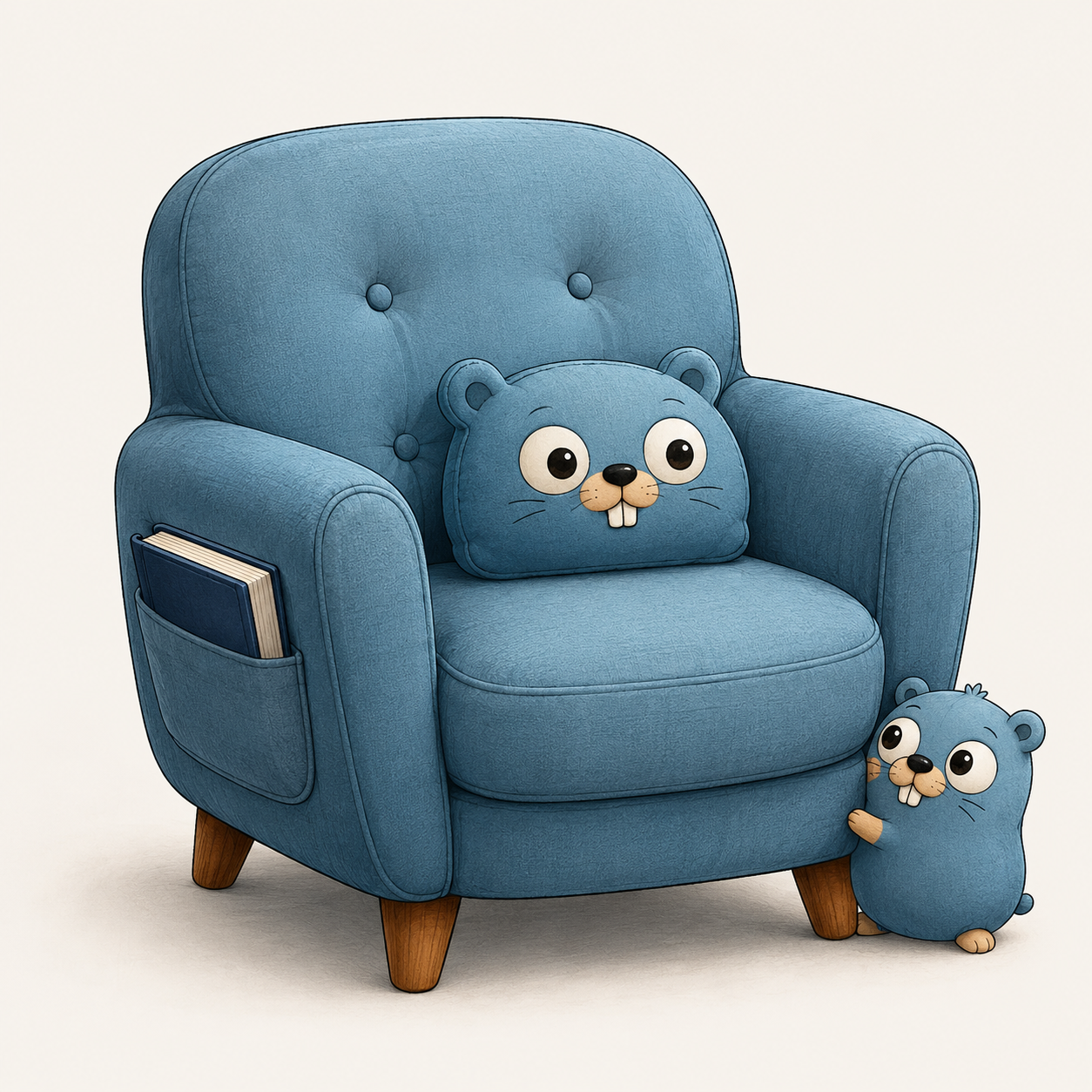 A soft blue reading chair with a gopher cushion, side book pocket and a small gopher beside it