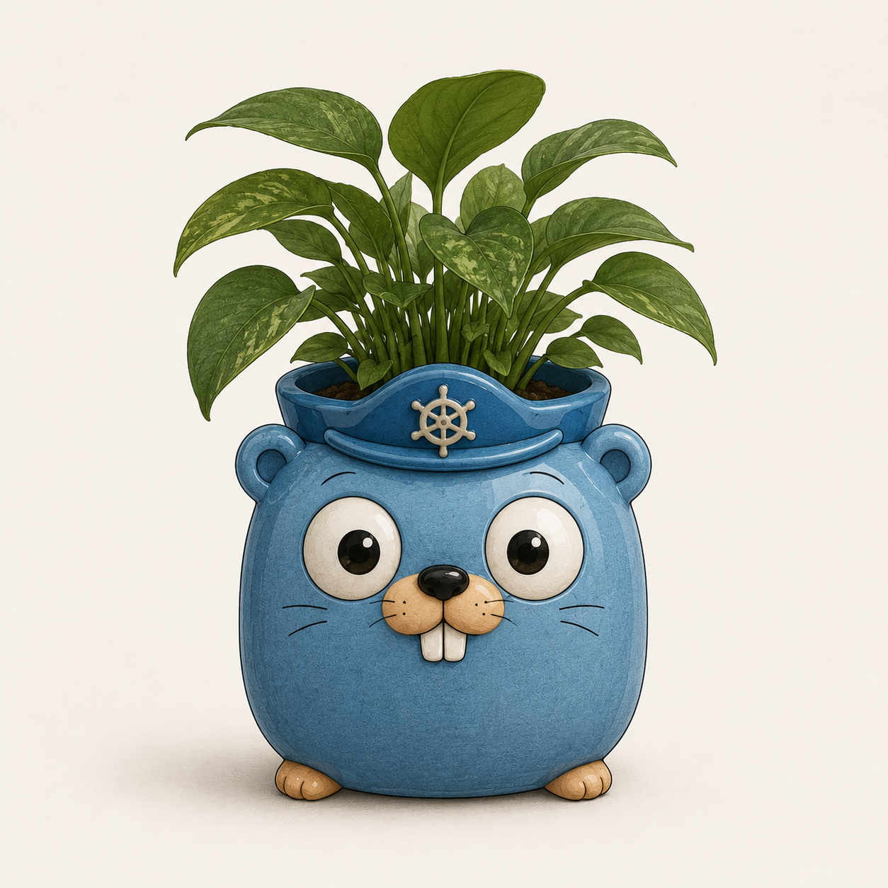 A leafy green plant in a blue ceramic gopher pot wearing a Kubernetes helm
