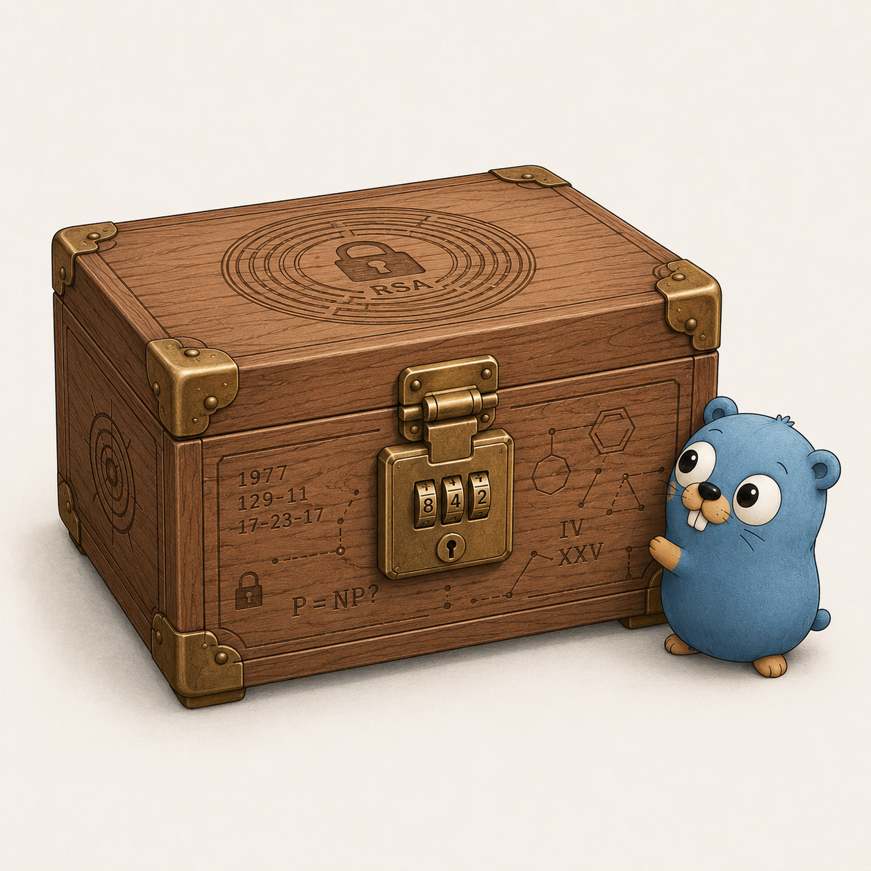 A wooden lockbox with brass corners, a combination lock, cryptographic symbols and a small blue gopher