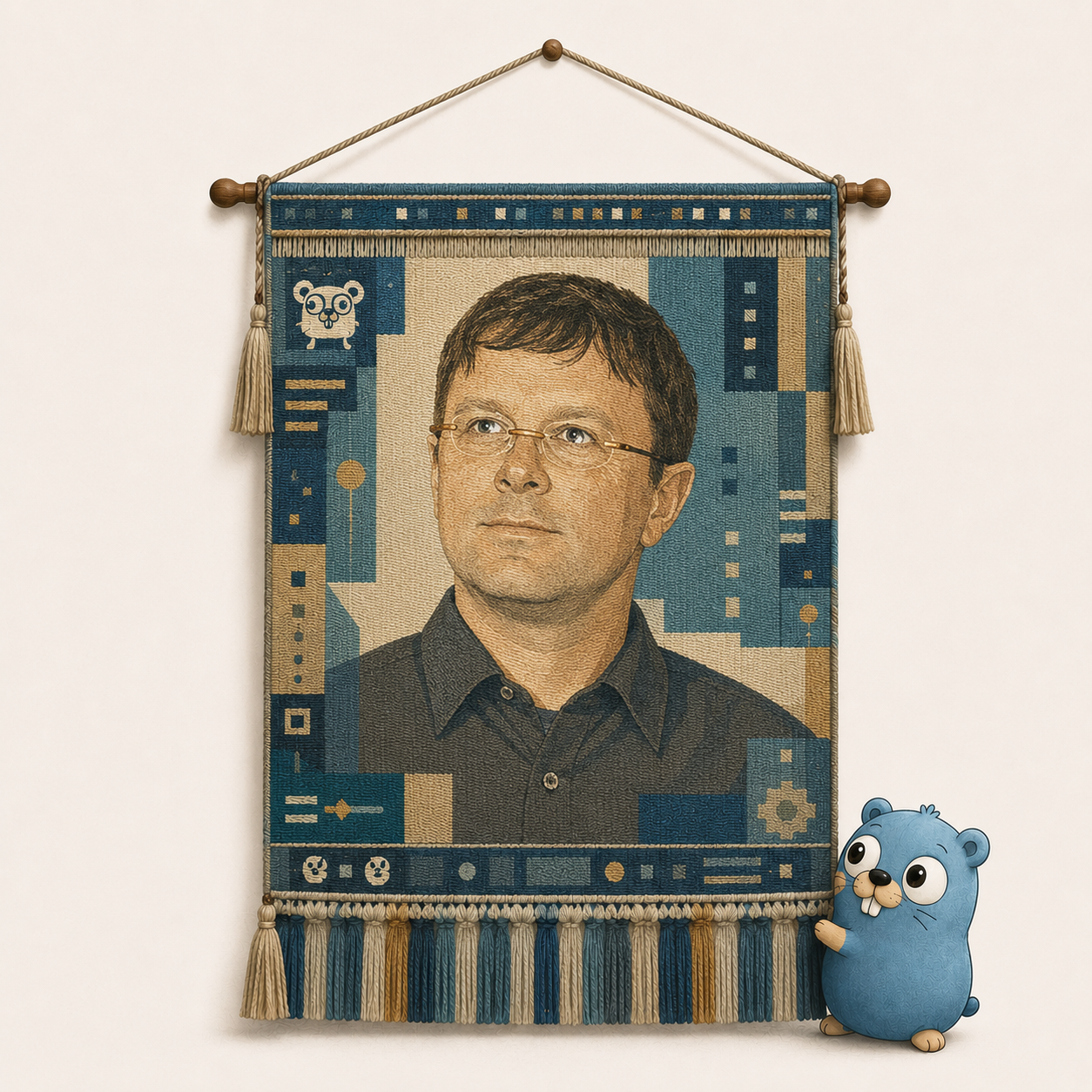 A blue and gold woven wall tapestry depicting a long-haired, bearded programmer beside a small gopher