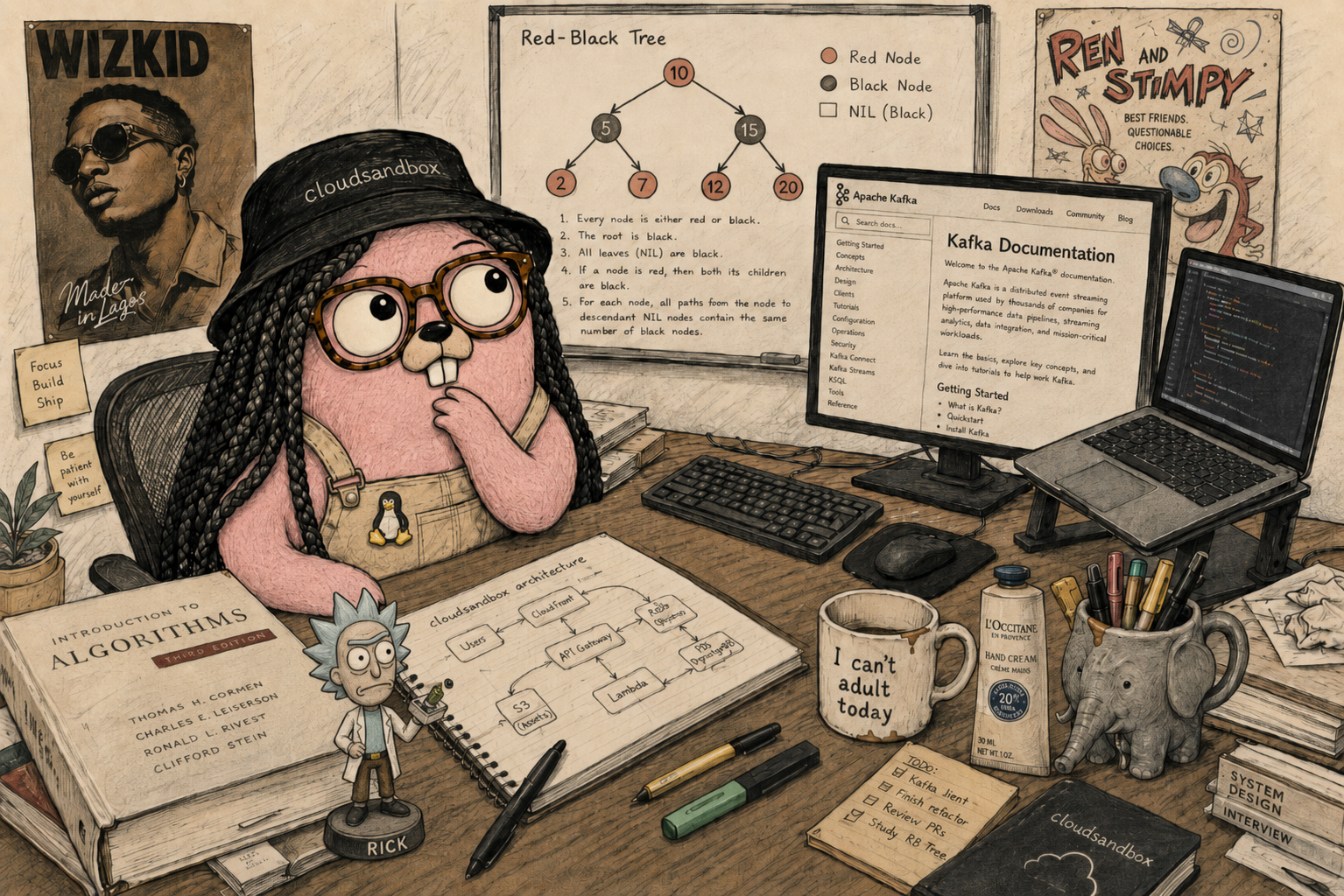 A cartoon image of a pink gopher at a desk with braids and a bucket hat.